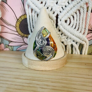 Vintage Artisan Abalone Pendant | Unique Colorful Silver Teardrop Statement